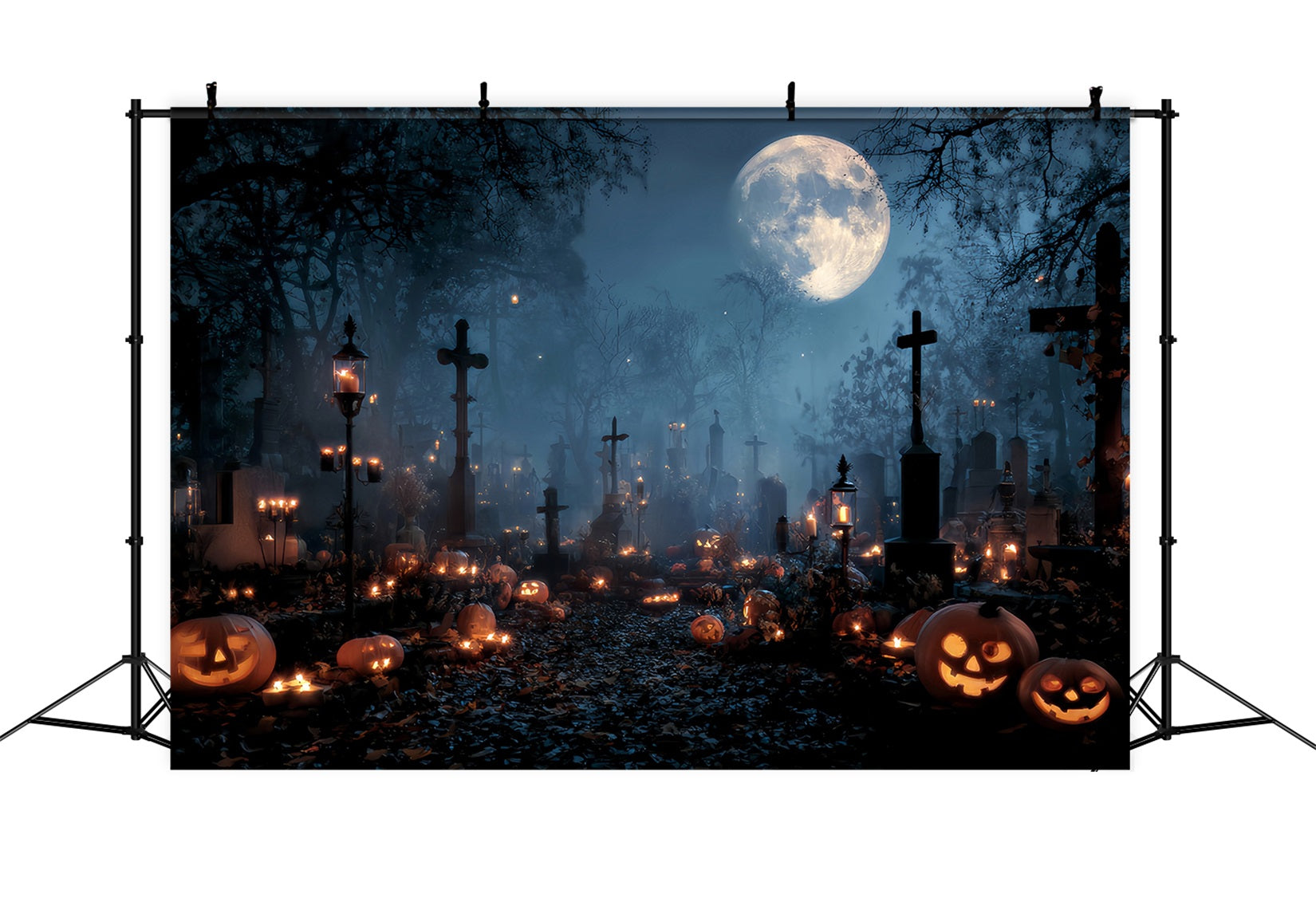 Halloween Graveyard Backdrop Candlelit Graveyard Pumpkin Crosses Halloween Backdrop UK TWW59-84
