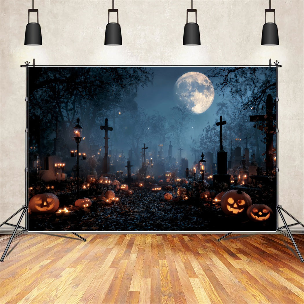 Halloween Graveyard Backdrop Candlelit Graveyard Pumpkin Crosses Halloween Backdrop UK TWW59-84