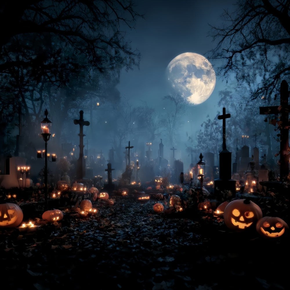 Halloween Graveyard Backdrop Candlelit Graveyard Pumpkin Crosses Halloween Backdrop UK TWW59-84