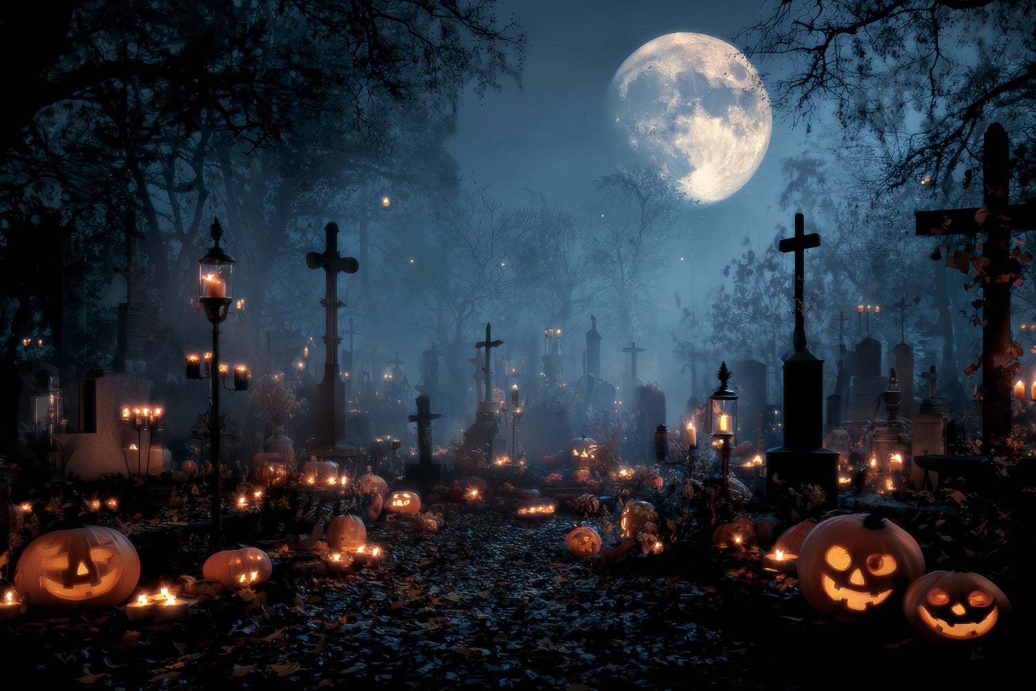 Halloween Graveyard Backdrop Candlelit Graveyard Pumpkin Crosses Halloween Backdrop UK TWW59-84