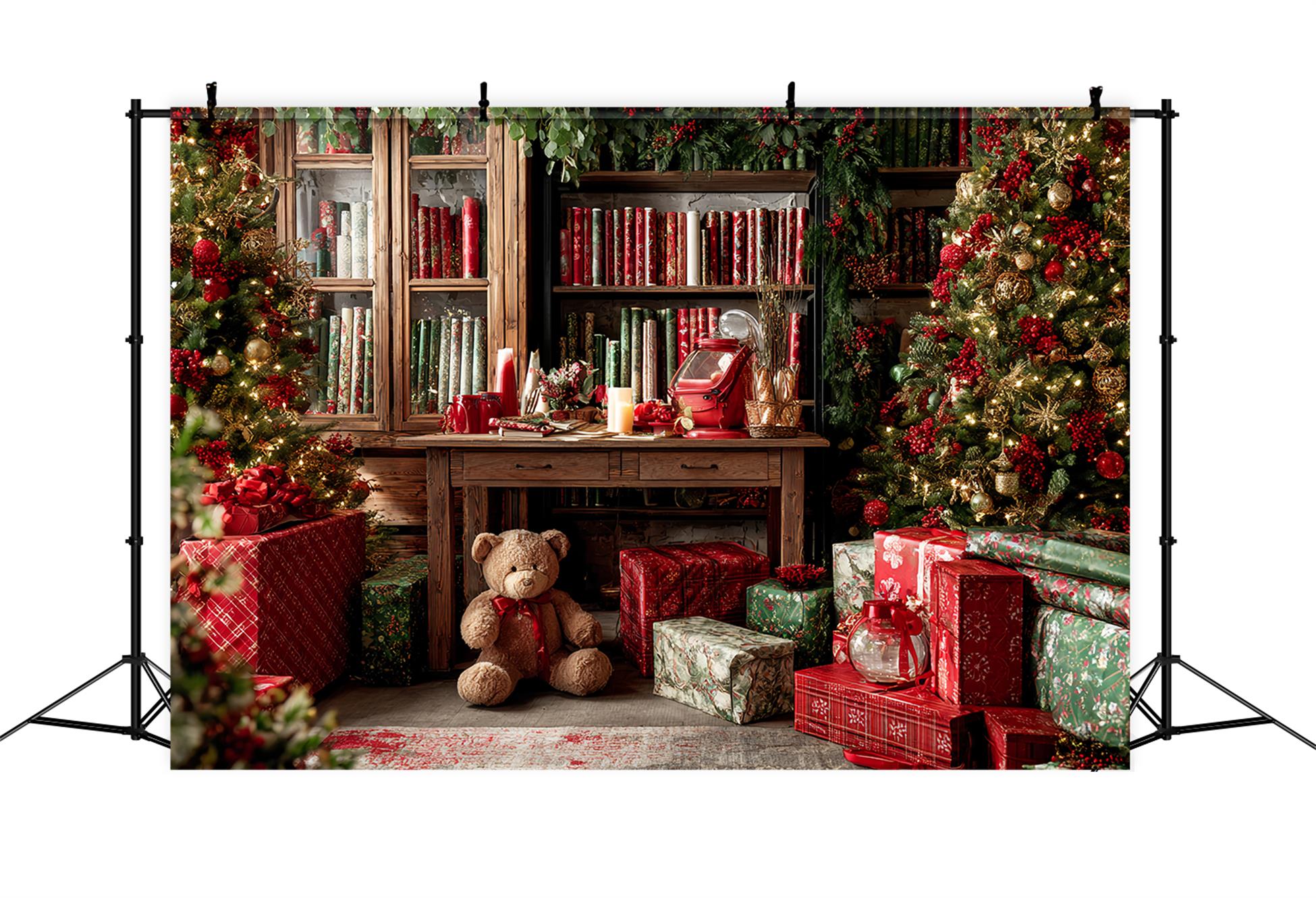 Santa Workshop Backdrop Christmas Gift Wrap Cozy Library Christmas Backdrop UK TWW59-85