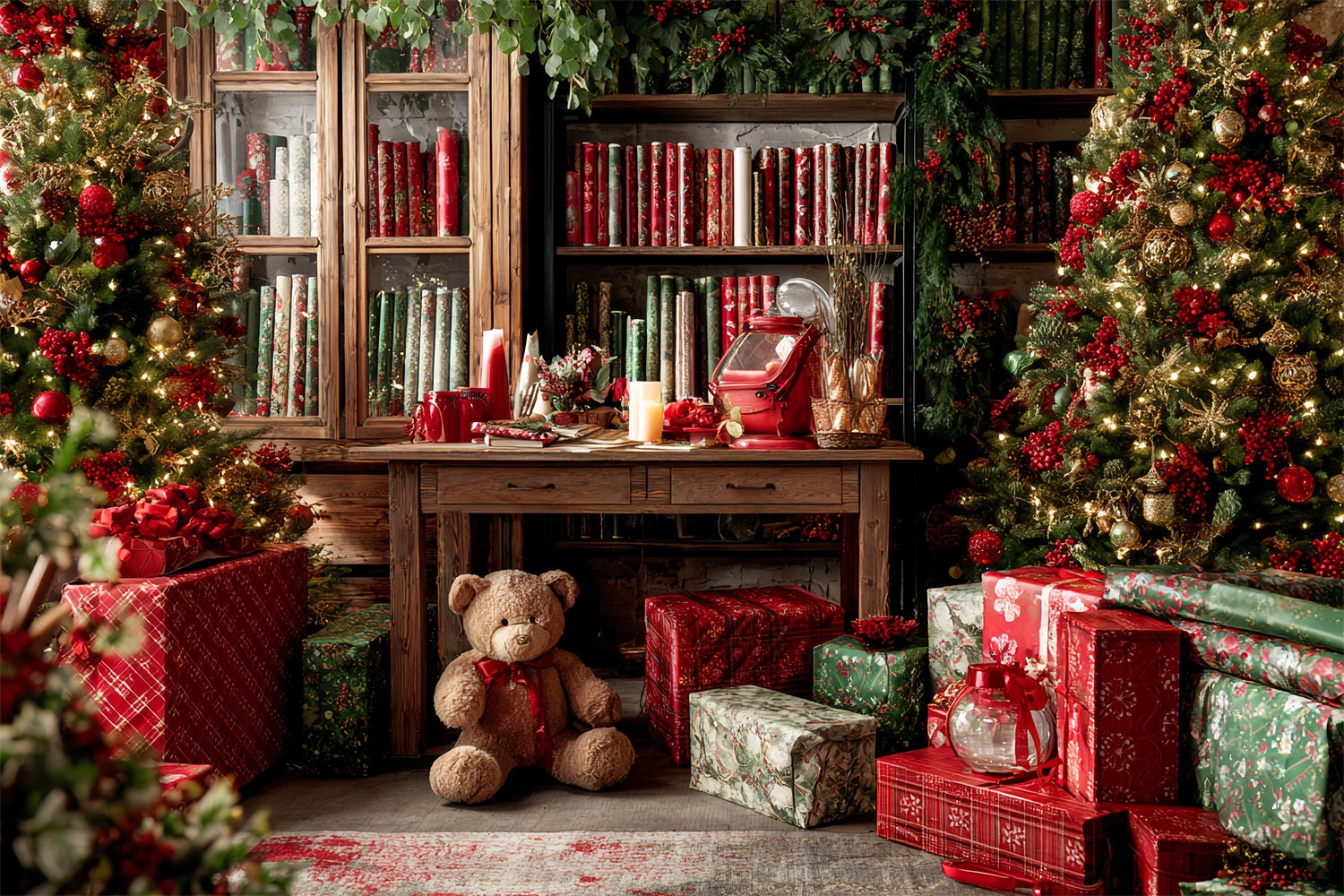 Santa Workshop Backdrop Christmas Gift Wrap Cozy Library Christmas Backdrop UK TWW59-85