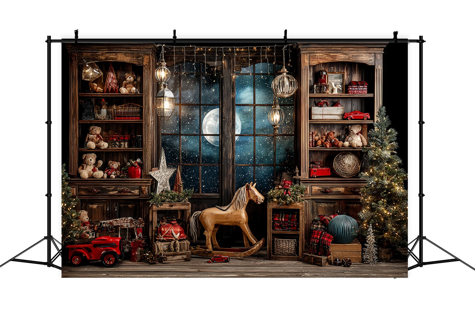 Santa's Workshop Backdrop Starry Night Window Toy Room Christmas Backdrops UK TWW59-86