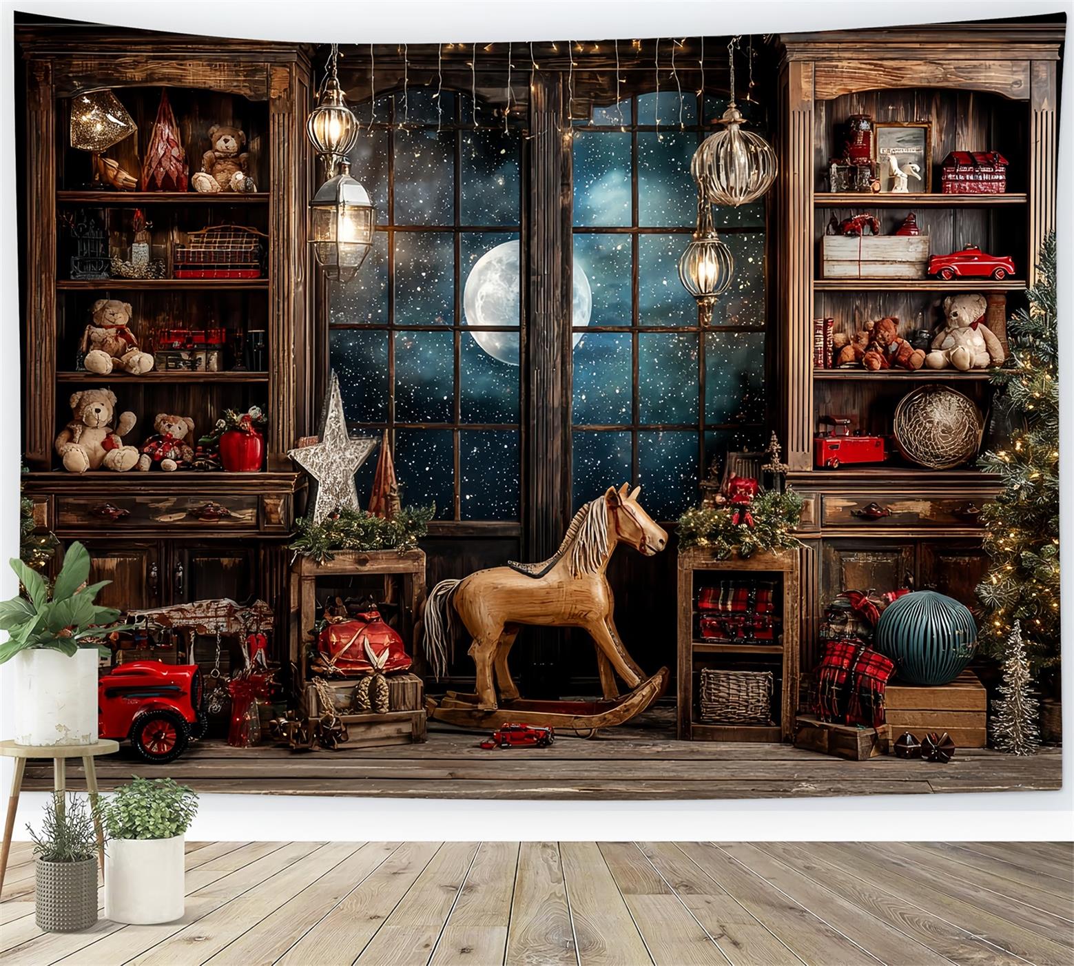 Santa's Workshop Backdrop Starry Night Window Toy Room Christmas Backdrops UK TWW59-86