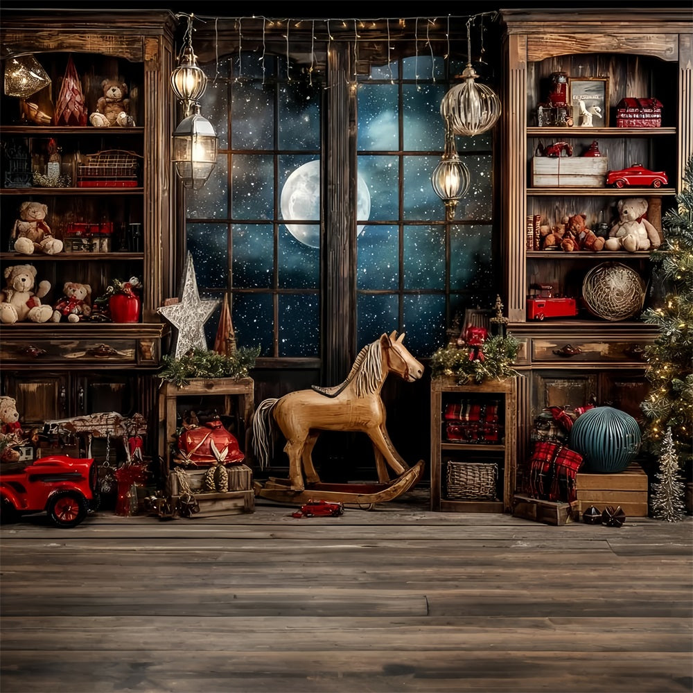 Santa's Workshop Backdrop Starry Night Window Toy Room Christmas Backdrops UK TWW59-86