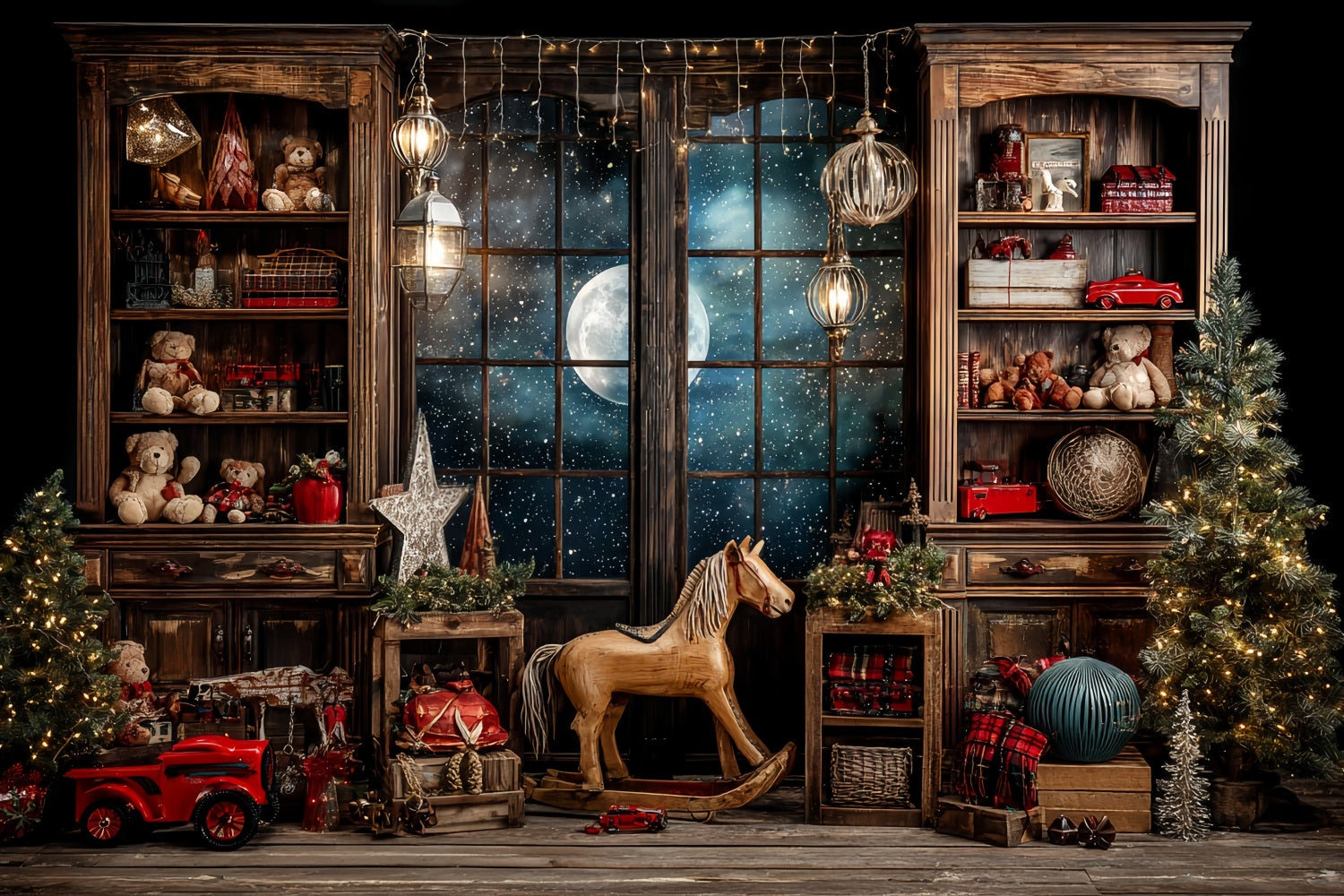 Santa's Workshop Backdrop Starry Night Window Toy Room Christmas Backdrops UK TWW59-86