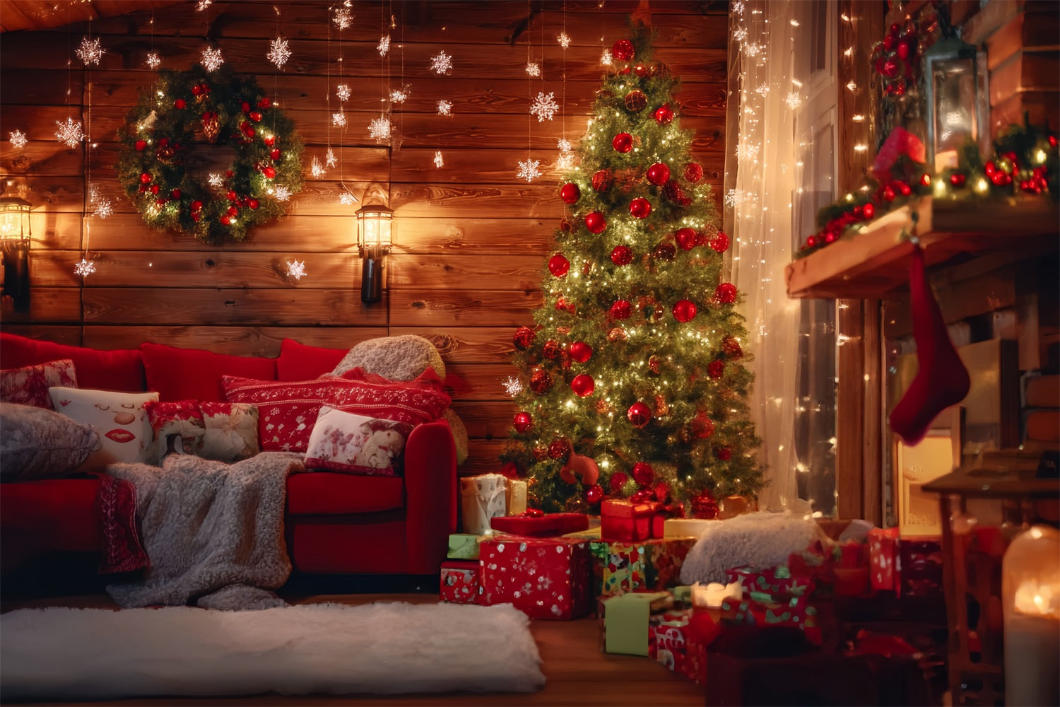Santa Workshop Backdrop Rustic Cabin Living Room Christmas Photo Backdrop UK TWW59-87
