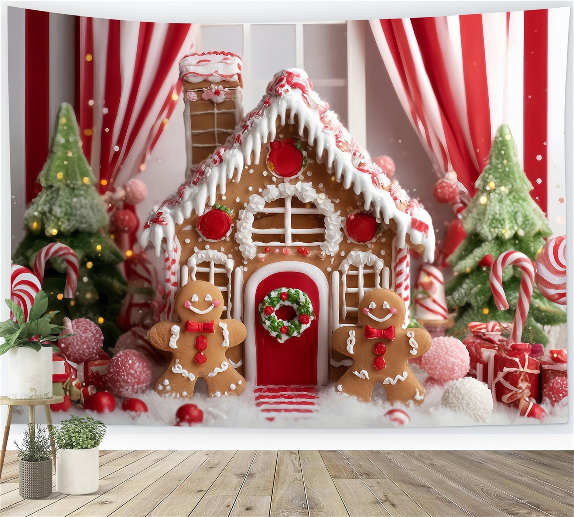 Gingerbread House Backdrop Candy Cane Gingerbread Room Christmas Photo Backdrops UK TWW59-90