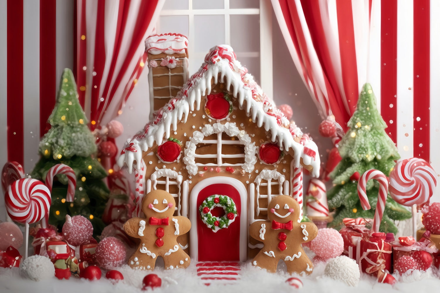 Gingerbread House Backdrop Candy Cane Gingerbread Room Christmas Photo Backdrops UK TWW59-90