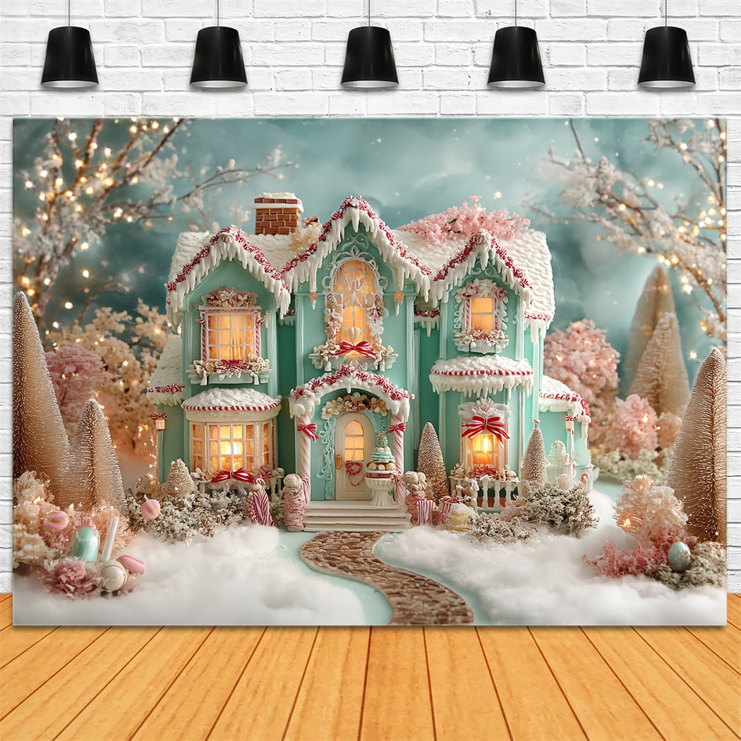 Gingerbread House Backdrop Frosted Pastel Gingerbread Mansion Christmas Photo Backdrop UK TWW59-93