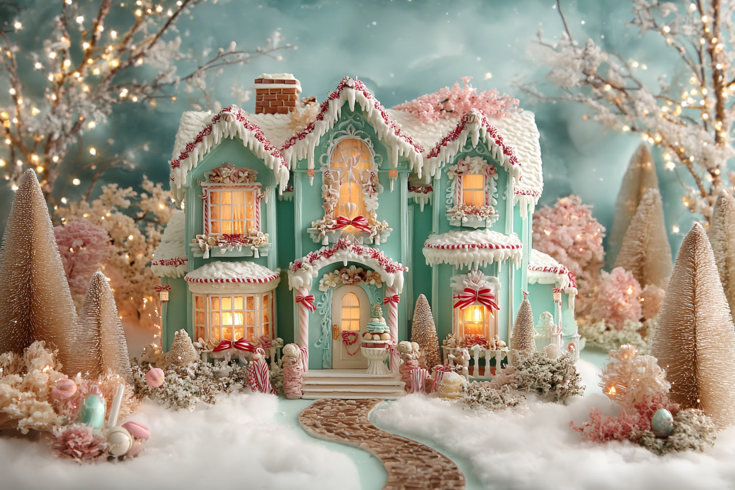 Gingerbread House Backdrop Frosted Pastel Gingerbread Mansion Christmas Photo Backdrop UK TWW59-93