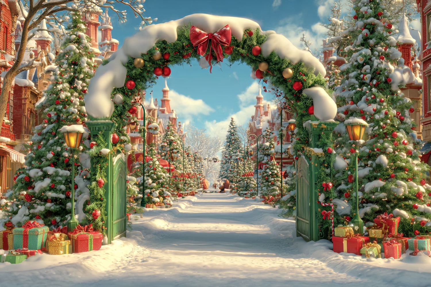 Christmas Country Backdrop Snowy Village Archway Christmas Photo Backdrops UK TWW59-96
