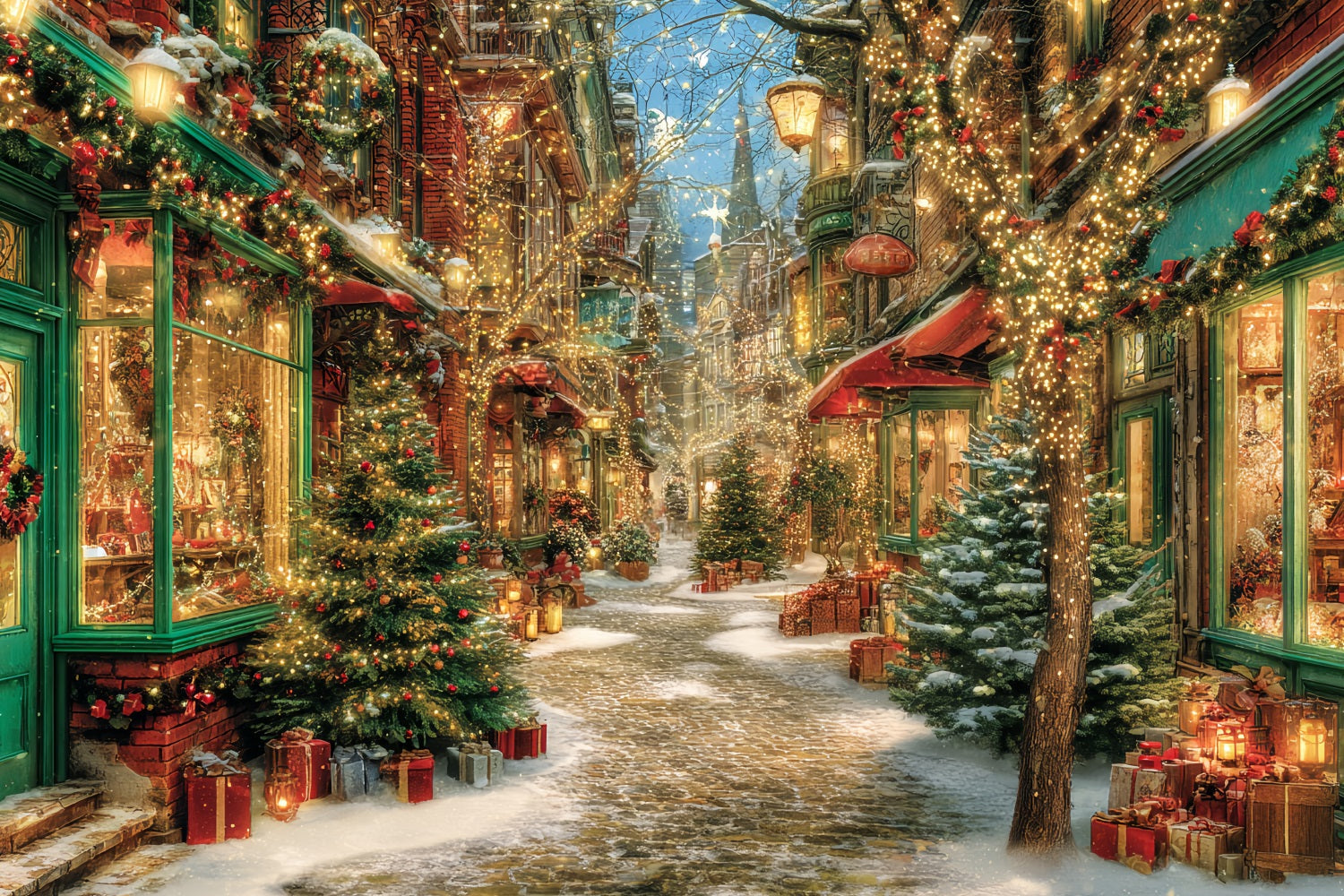 Christmas Village Backdrop Sparkling Street Lights Christmas Backdrops for Photos UK TWW59-97