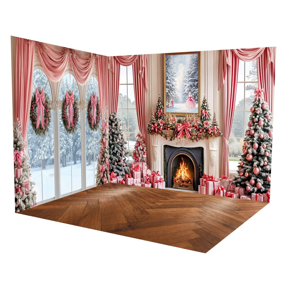 Christmas Photo Backdrops Pink Garland Fireplace Backdrop Room Set UK TWW6-104