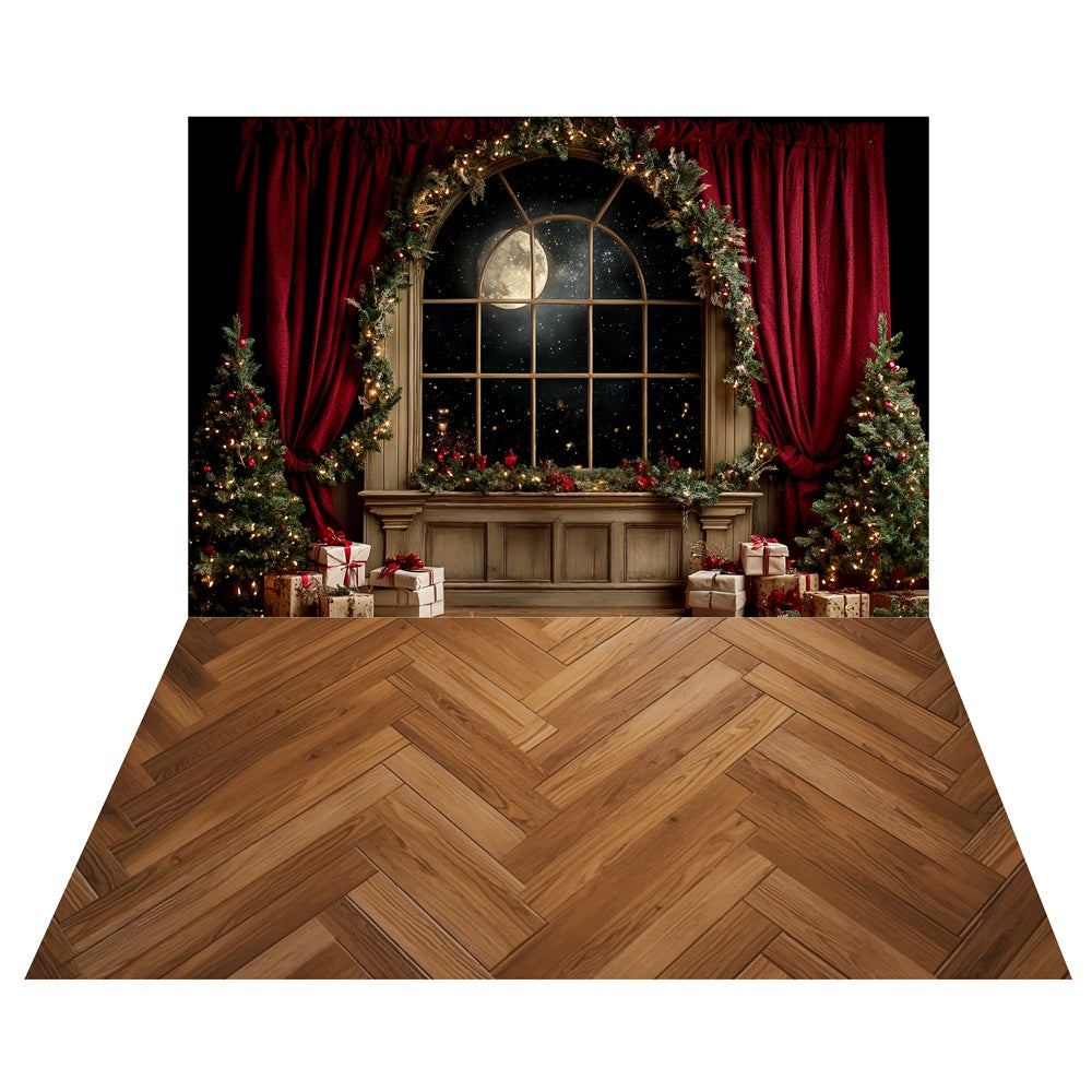 Moonlit Christmas Window Backdrop+Dark Wood Floor Backdrop UK TWW6-109