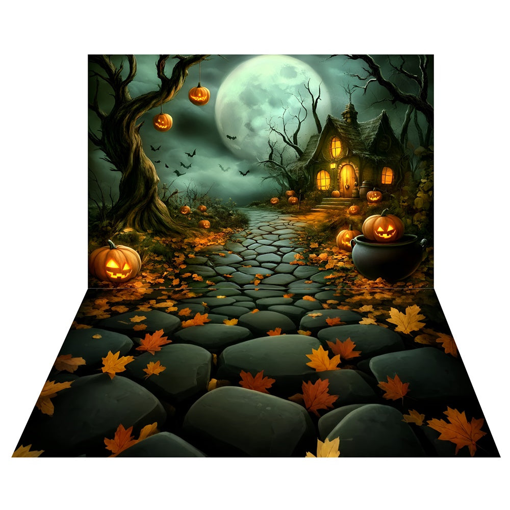 Full Moon Haunted Walk Backdrop+Cobble Stone Floor Backdrop UK TWW6-124