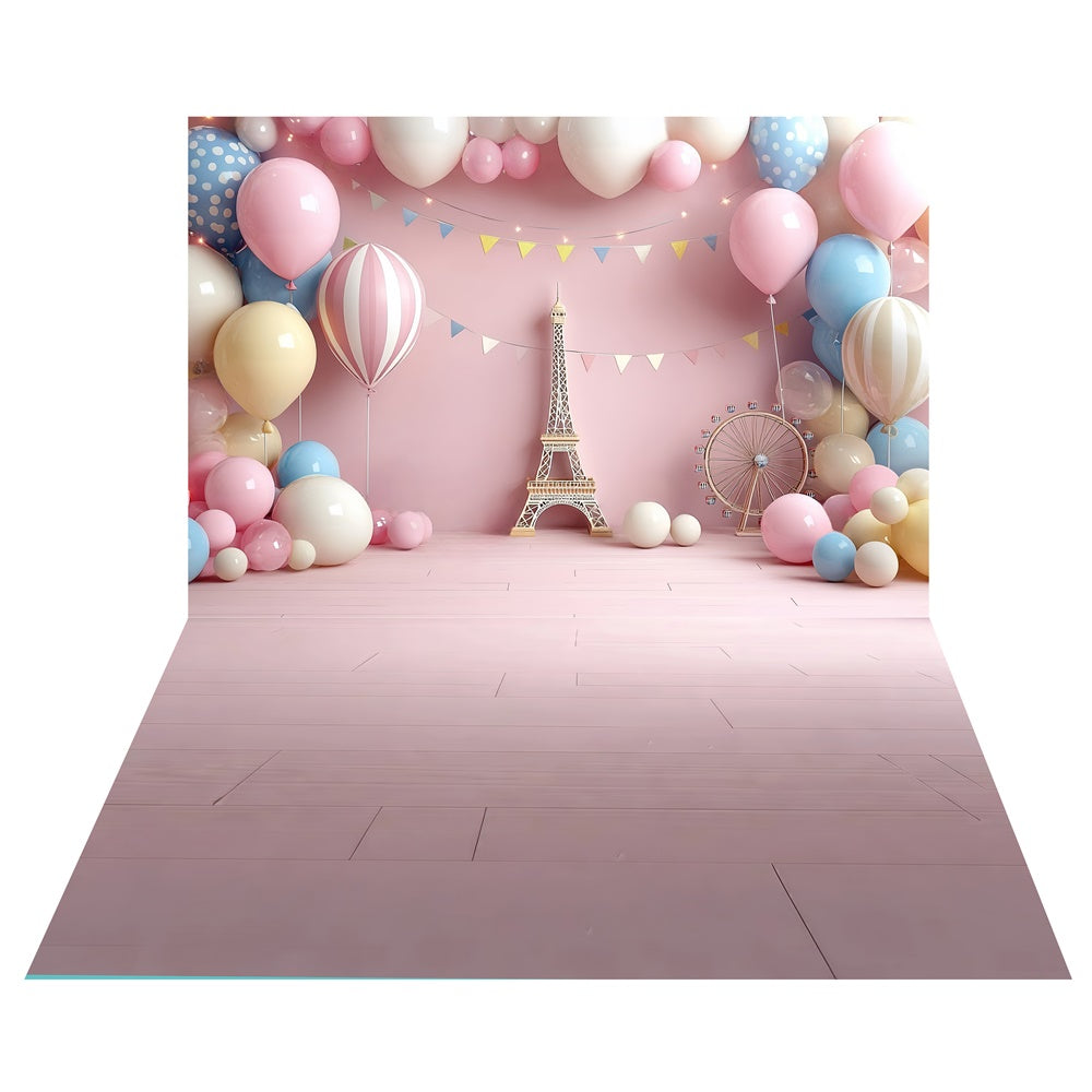 Eiffel Balloon Fantasy Backdrop+Blush Wood Floor Backdrop UK TWW6-127