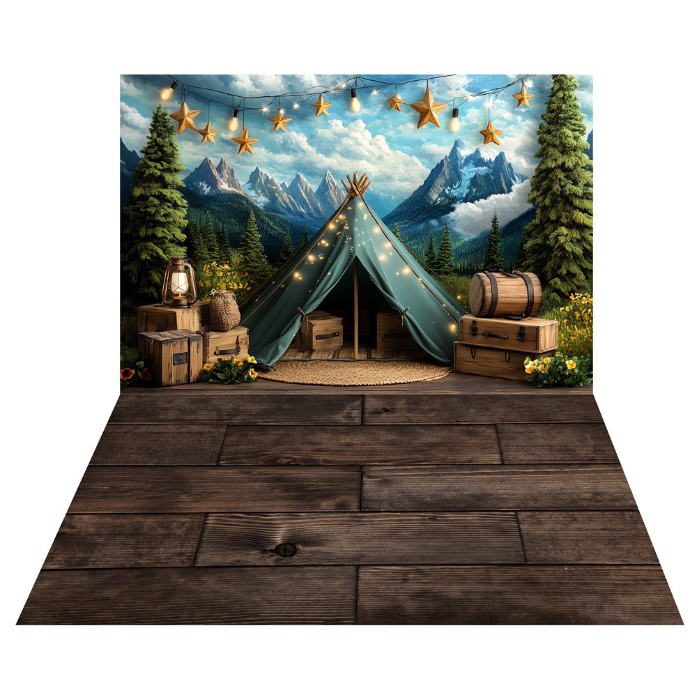 Mountain Camp Tent Backdrop+Rustic Wood Floor Backdrop UK TWW6-131