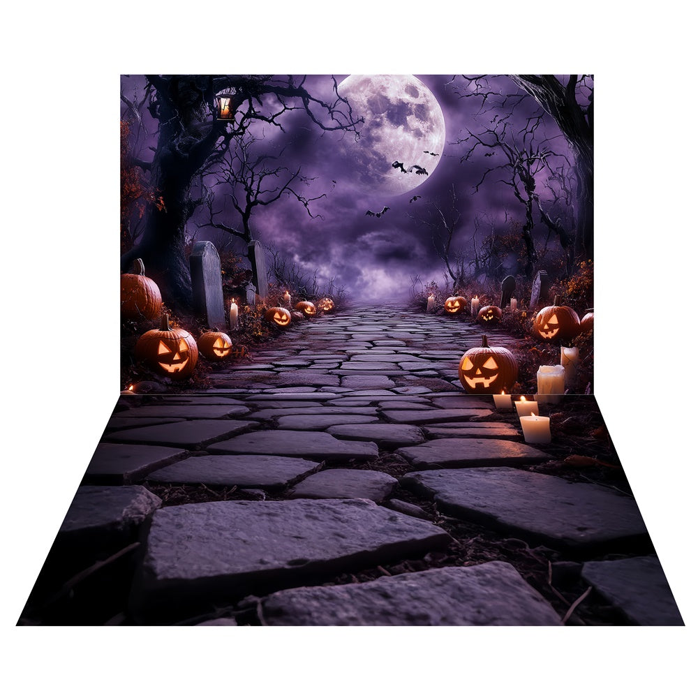 Purple Night Cemetery Backdrop+Uneven Cobble Floor Backdrop UK TWW6-57