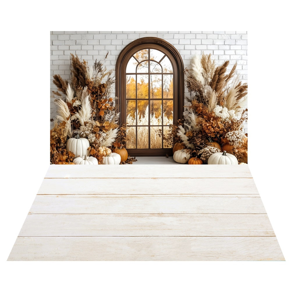 White Brick Arch Window Backdrop+Cream Wood Floor Backdrop UK TWW6-83