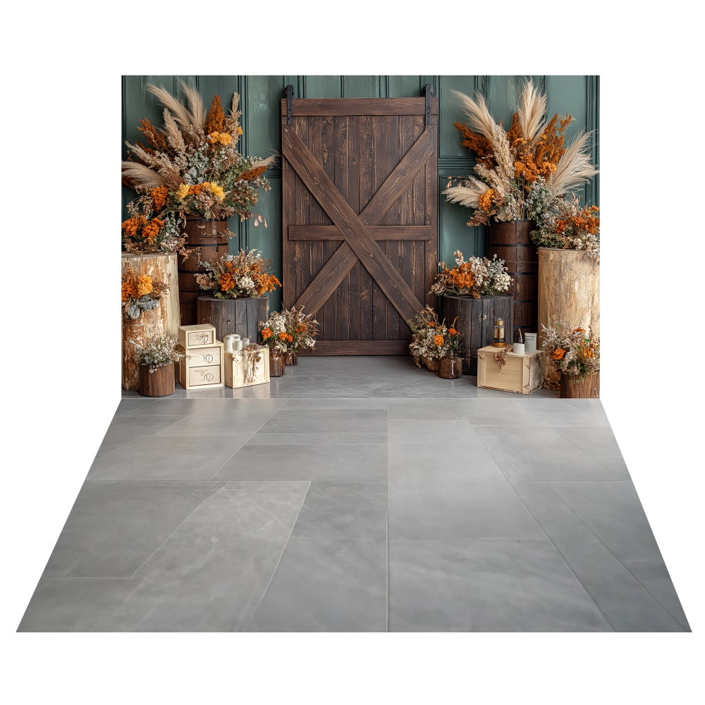 Barn Door Harvest Backdrop+Stone Grey Floor Backdrop UK TWW6-84