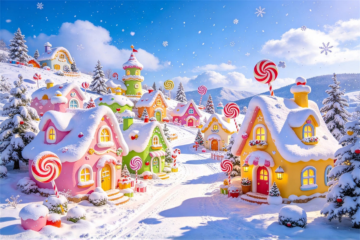 Christmas Village Backdrops Snow Pastel Candy Cottage Christmas Photo Backdrop UK ZTT610-1