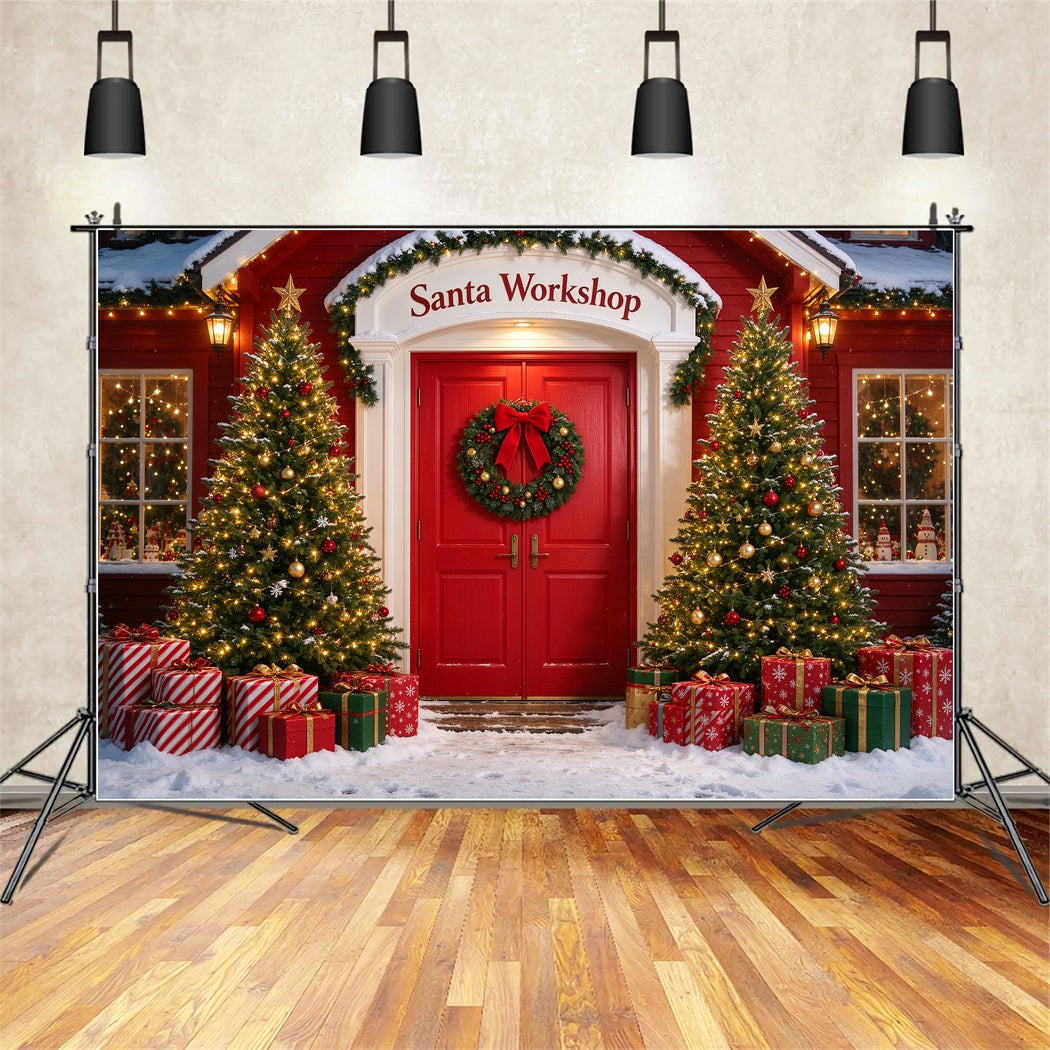 Santa's Workshop Backdrop Snowy House Door Entrance Christmas Red Backdrop UK ZTT610-10