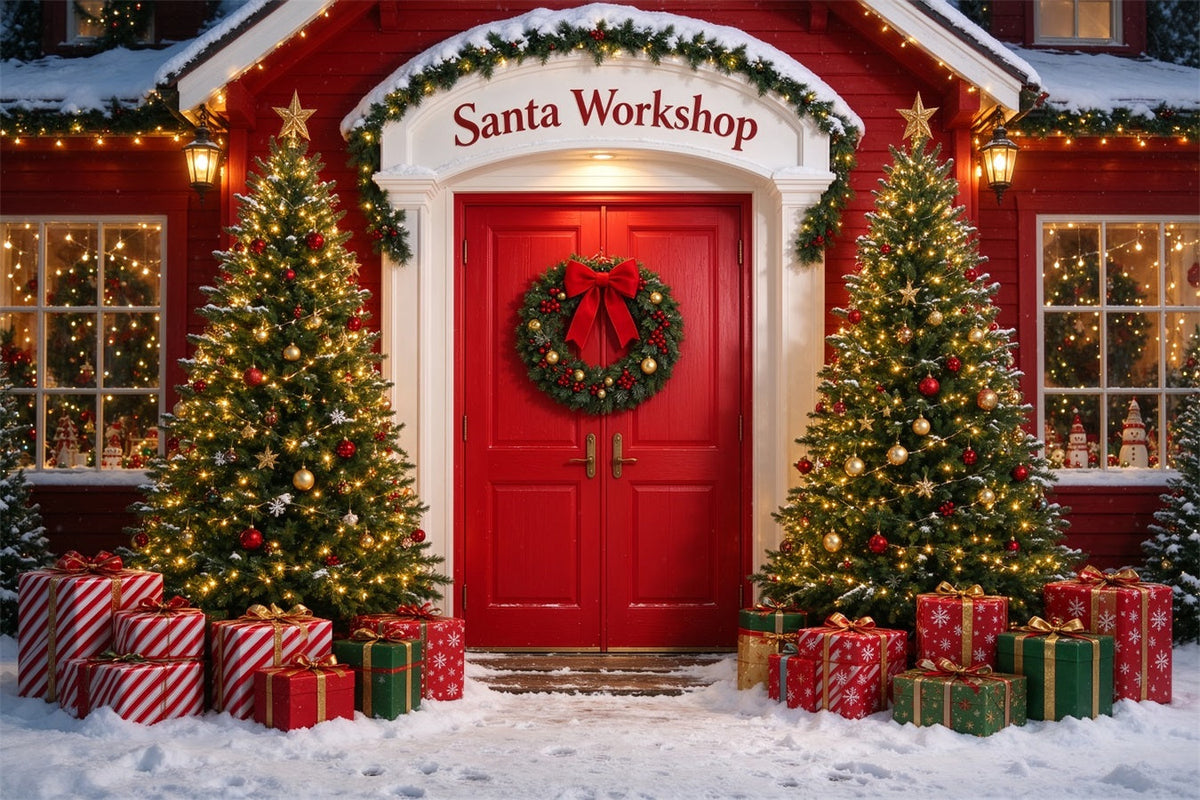 Santa's Workshop Backdrop Snowy House Door Entrance Christmas Red Backdrop UK ZTT610-10