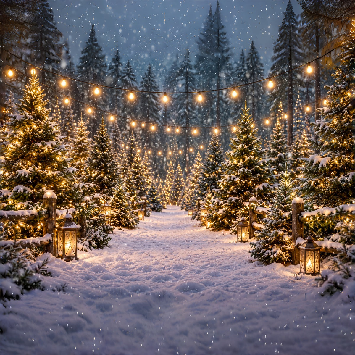 Christmas Tree Farm Backdrop Snowy Lantern Forest Path Christmas Tree Backdrops UK ZTT610-16