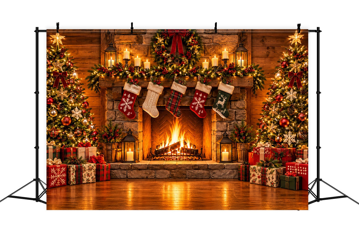 Christmas Fireplace Backdrop Rustic Stocking Stone Christmas Backdrop for Photography UK ZTT610-24