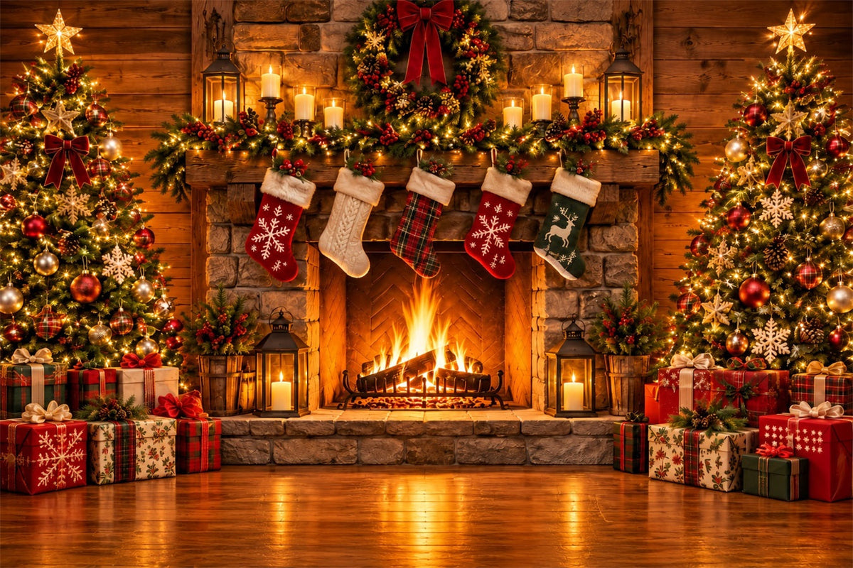 Christmas Fireplace Backdrop Rustic Stocking Stone Christmas Backdrop for Photography UK ZTT610-24
