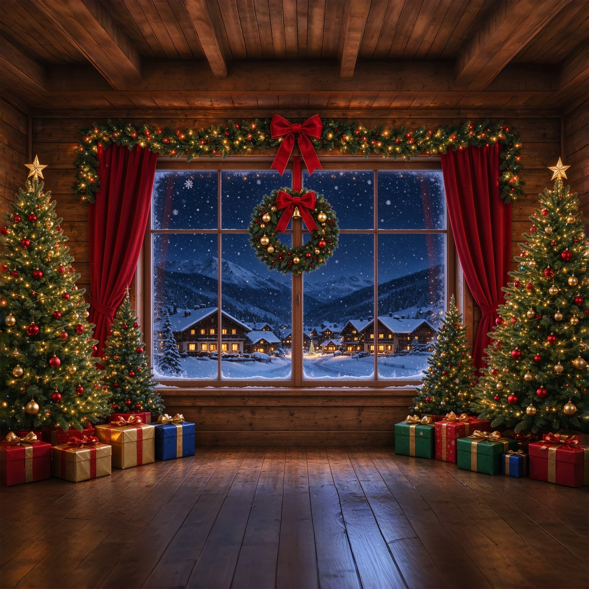 Santa Backdrop Snowy Village Window Retreat Christmas Backdrops UK ZTT610-3