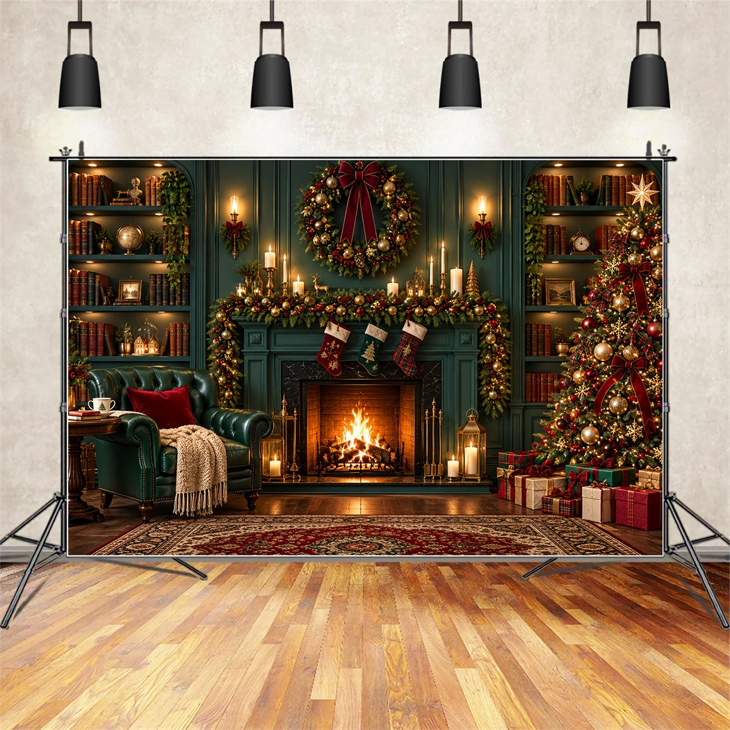 Christmas Fireplace Backdrops Vintage Emerald Library Stockings Christmas Scene Backdrop UK ZTT610-30