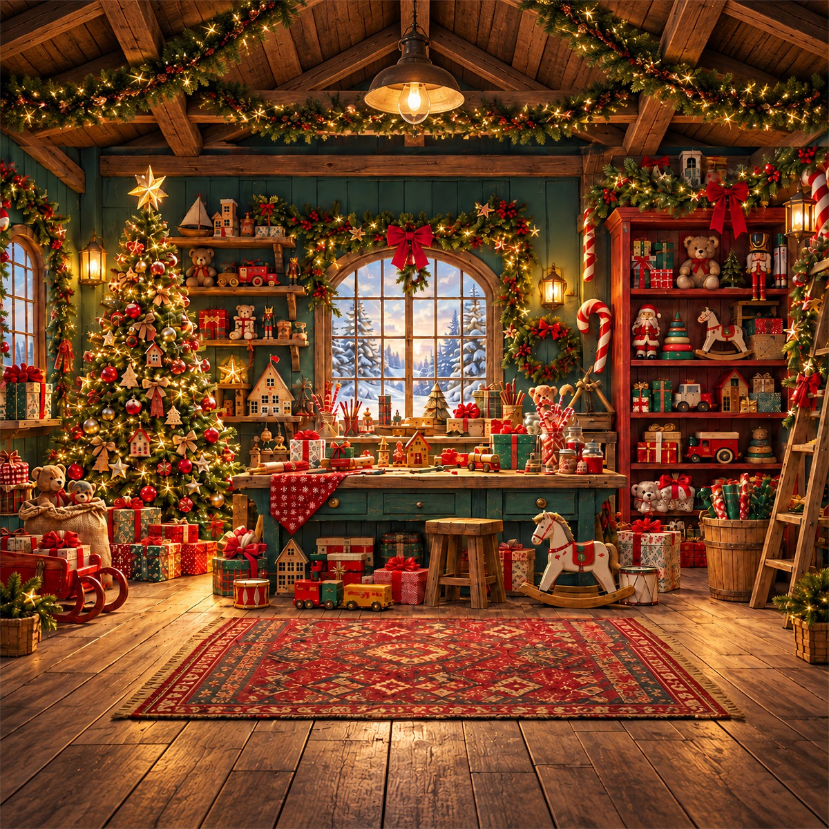 Santa Backdrop Rustic Cabin Toy Workshop Christmas Backdrop UK ZTT610-32