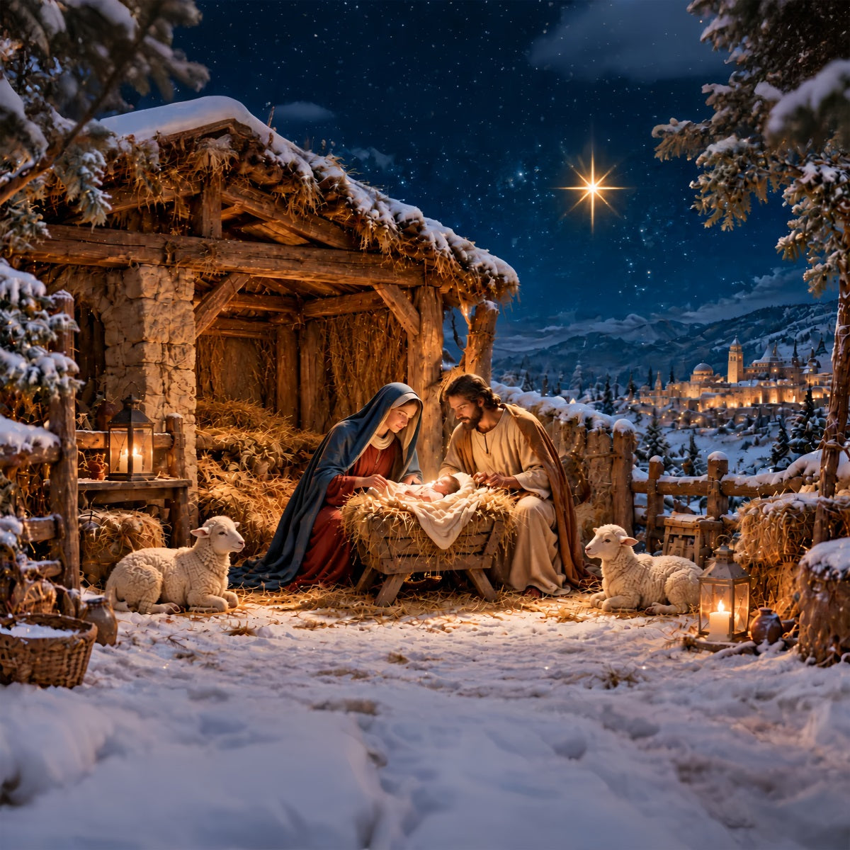 Nativity Scene Backdrop Bethlehem Star Manger Stable Christmas Photo Backdrops UK ZTT610-34