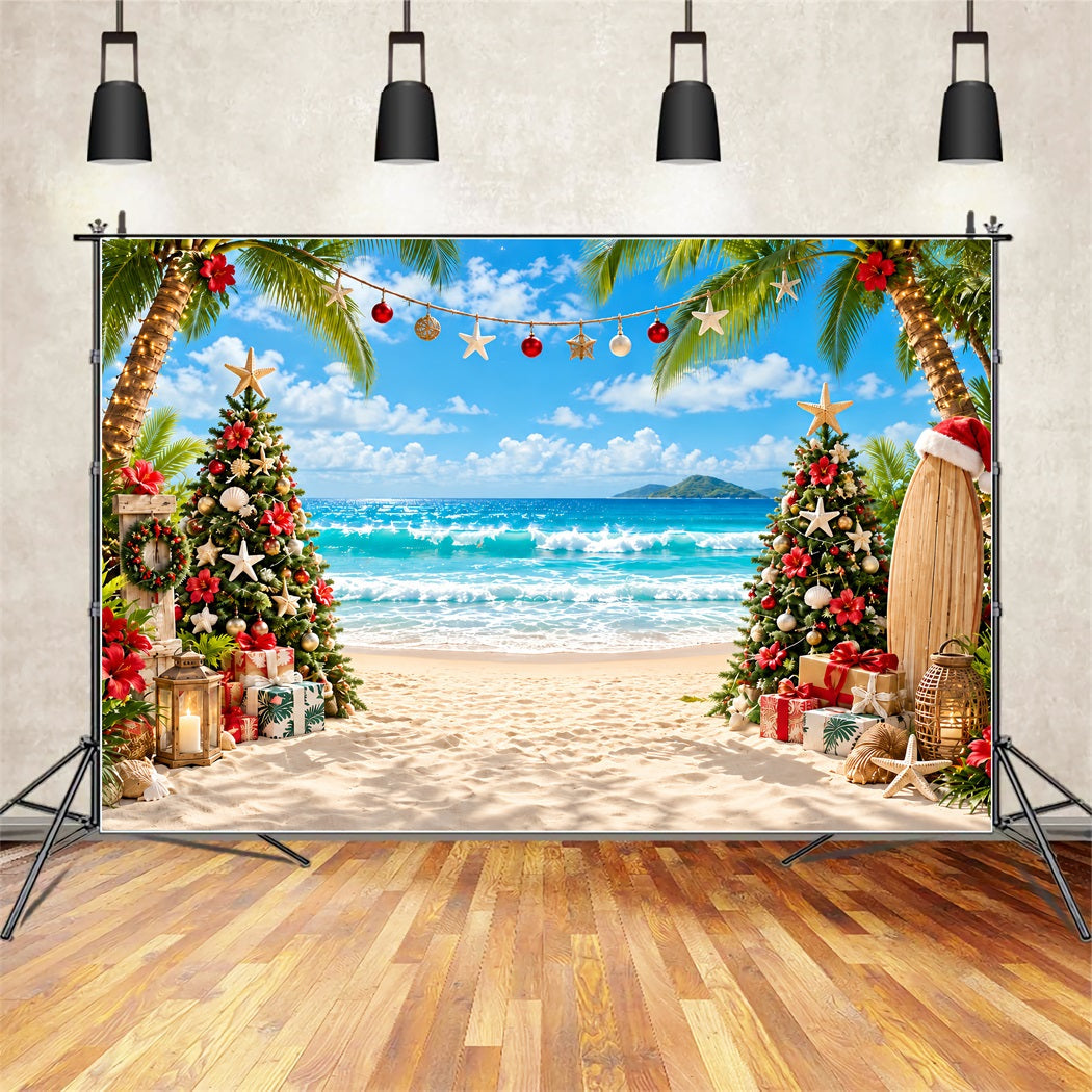 Tropical Christmas Backdrop Sea Beach Surfboard Tree Christmas Backdrops for Photos UK ZTT610-37