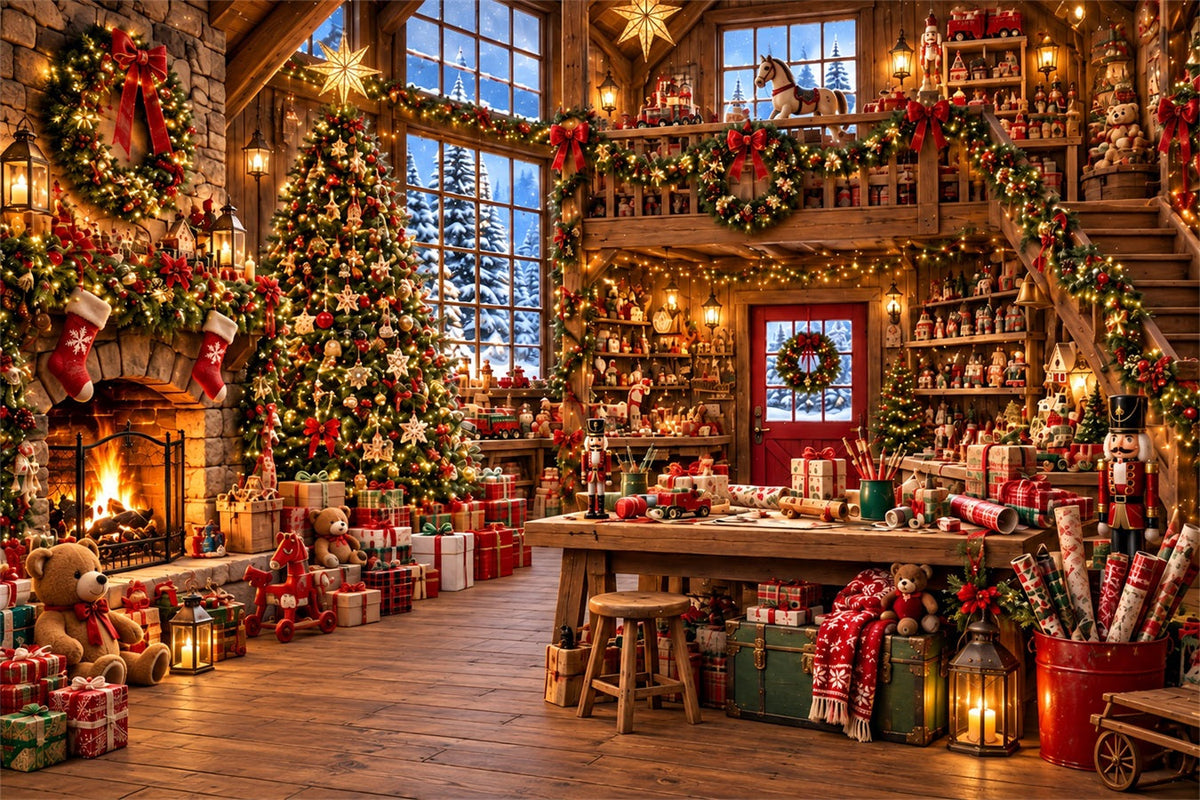 Santa Workshop Backdrop Rustic Cabin Toy Workshop Christmas Backdrops for Photography UK ZTT610-39