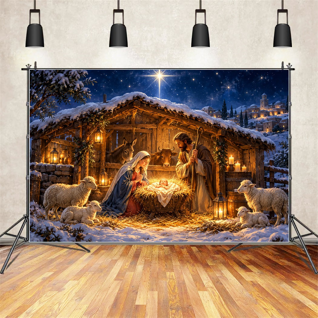 Nativity Scene Backdrop Starry Bethlehem Manger Stable Christmas Photo Backdrops UK ZTT610-4