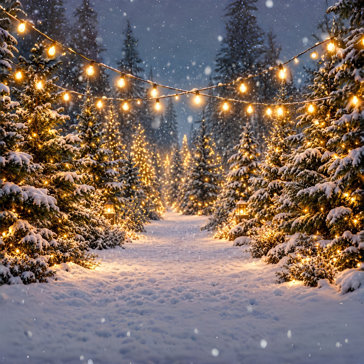 Christmas Tree Farm Backdrop Glowing Snowy Forest Path Christmas Tree Backdrops UK ZTT610-46