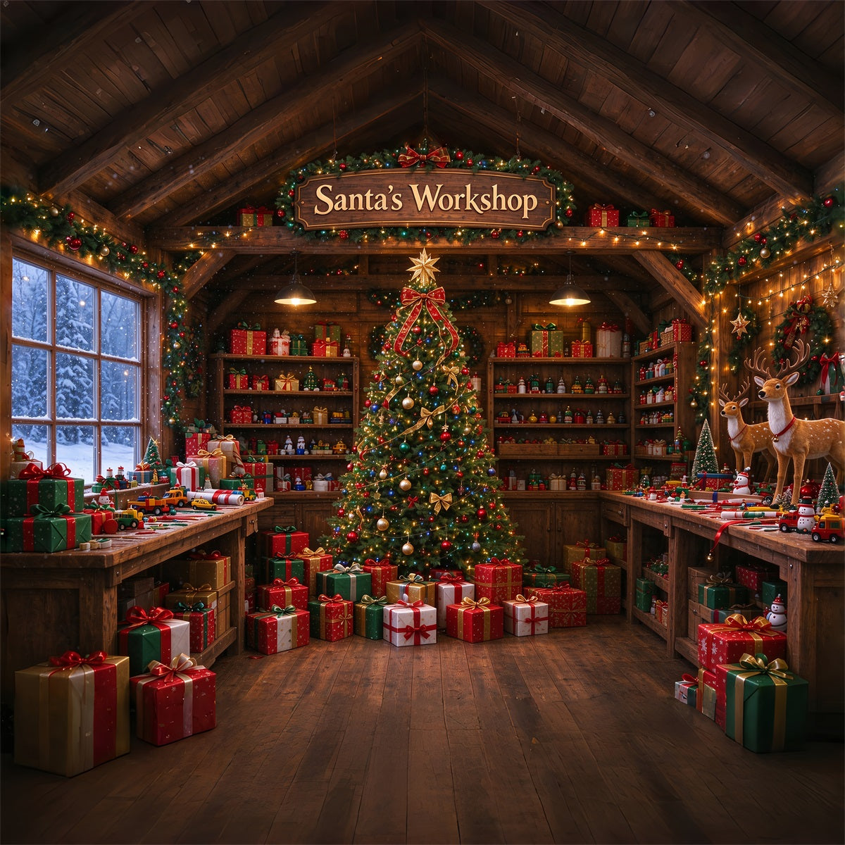Santa Workshop Backdrop Rustic Toymaking Workshop Interior Christmas Backdrops for Photography UK ZTT610-9