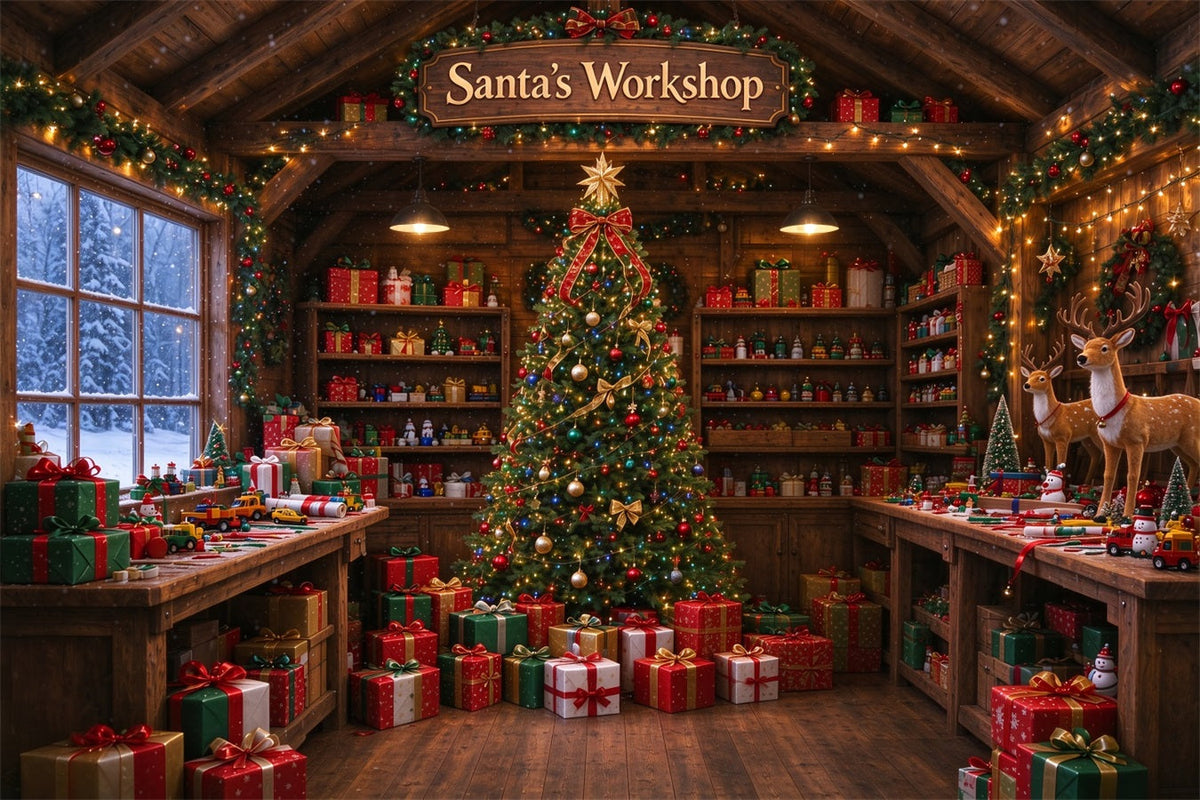 Santa Workshop Backdrop Rustic Toymaking Workshop Interior Christmas Backdrops for Photography UK ZTT610-9