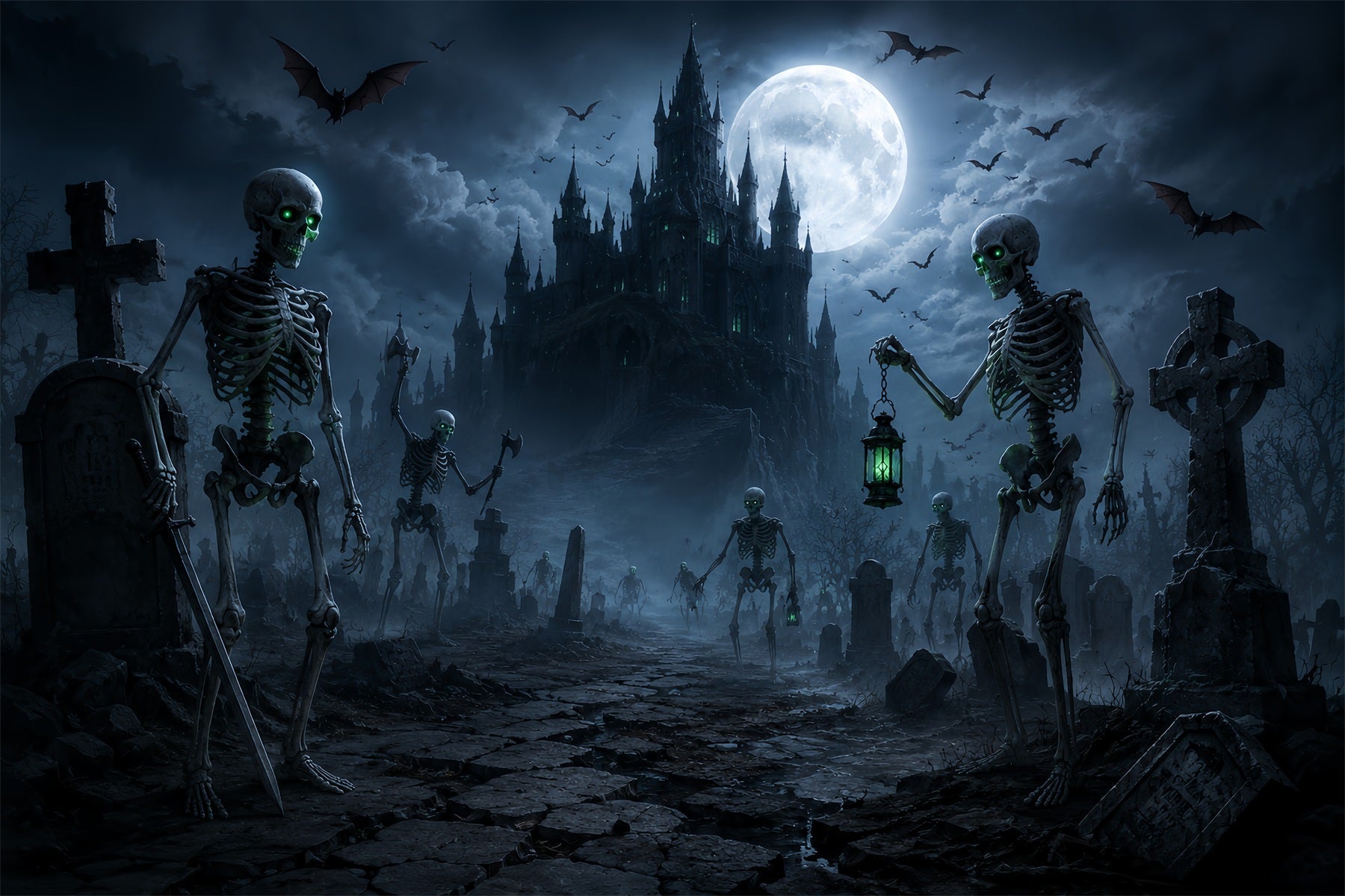 DIY Halloween Backdrop Ideas Moonlit Skeleton Castle Graveyard Scary Backdrops For Halloween UK ZTT67-1