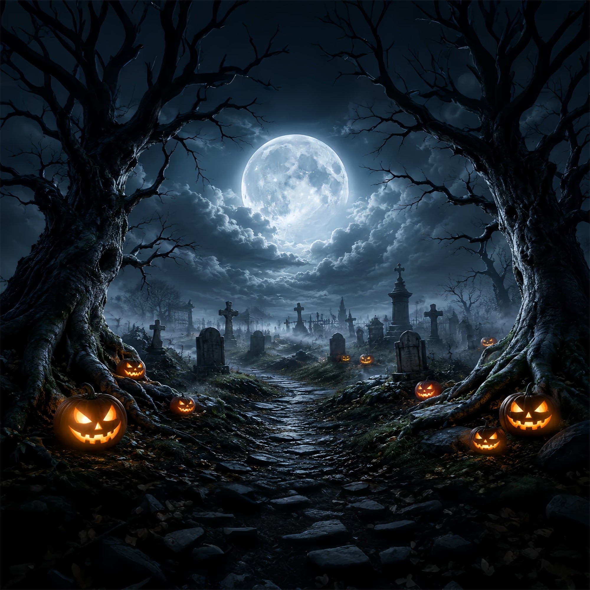 Halloween Cloth Backdrop Moonlit Pumpkin Cemetery Path Graveyard Halloween Backdrops UK ZTT67-13