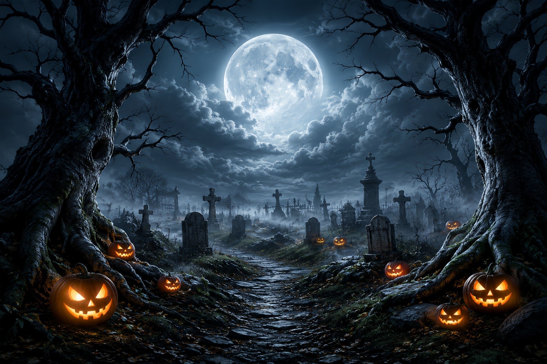 Halloween Cloth Backdrop Moonlit Pumpkin Cemetery Path Graveyard Halloween Backdrops UK ZTT67-13