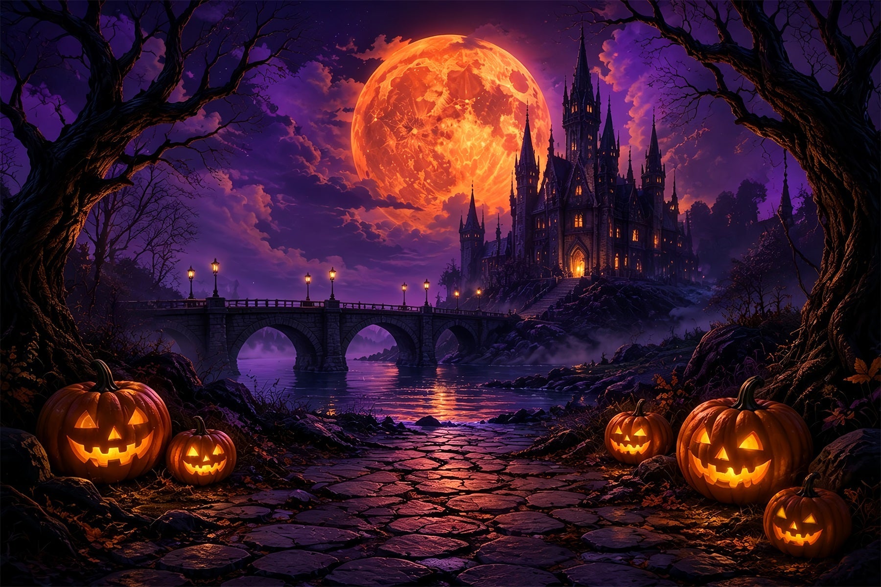 Scary Halloween Photo Backdrops Fiery Moon Gothic Castle Happy Halloween Backdrop UK ZTT67-17