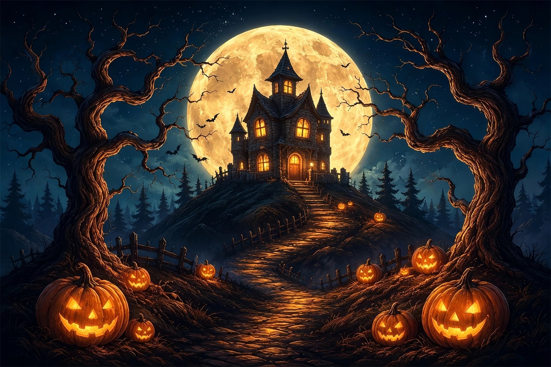 Halloween Backdrop Photos Moonlit Pumpkin Haunted House DIY Halloween Photo Backdrop UK ZTT67-20
