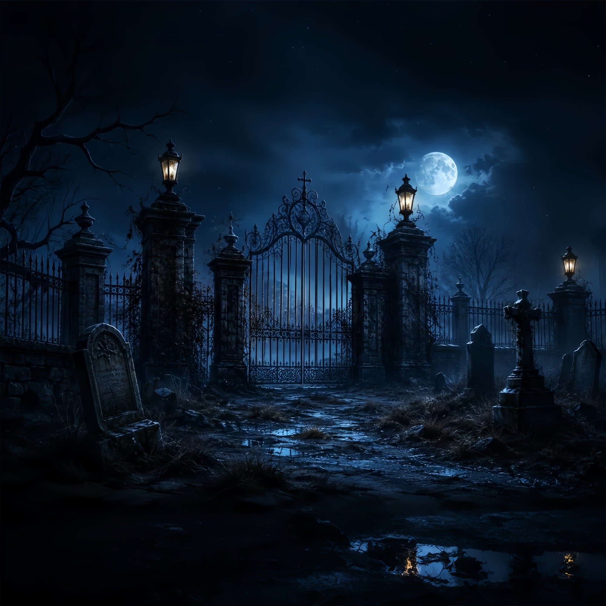 Outdoor Halloween Backdrop Moonlit Gothic Graveyard Gate Spooky Halloween Backdrop UK ZTT67-29