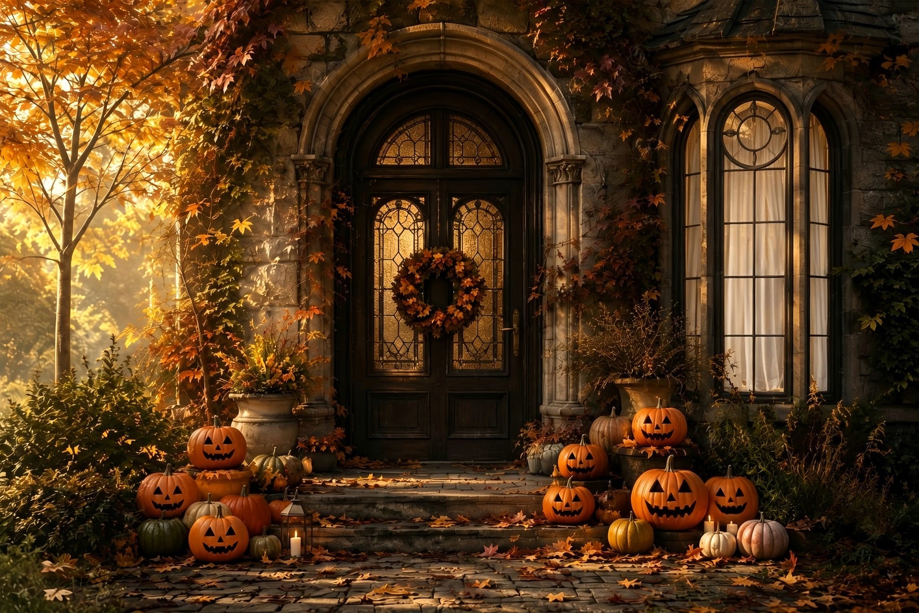 Halloween Outdoor Backdrop Autumn Pumpkin Manor Porch Halloween Backdrops For Photos UK ZTT67-31