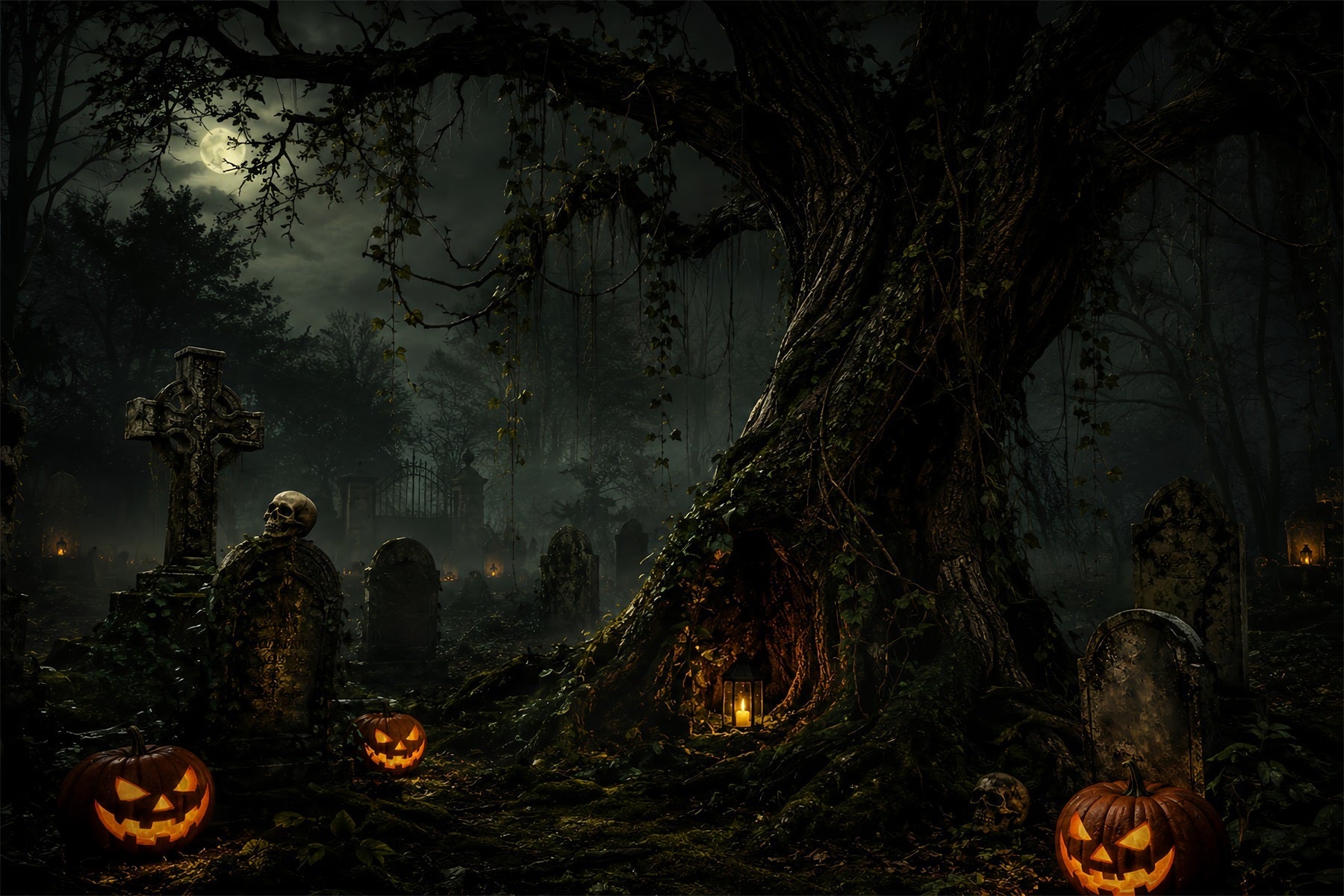 Custom Halloween Backdrop Moonlit Graveyard Pumpkin Tree Halloween Graveyard Backdrop UK ZTT67-34