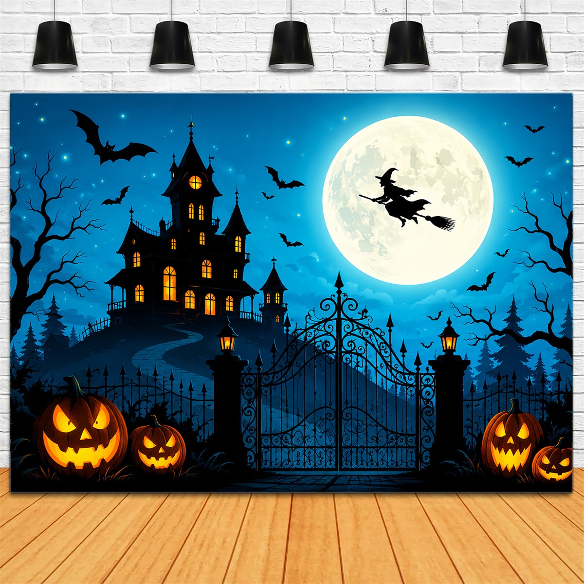 Halloween Castle Backdrop Flying Witch Pumpkin Gateway Large Halloween Backdrop UK ZTT67-36